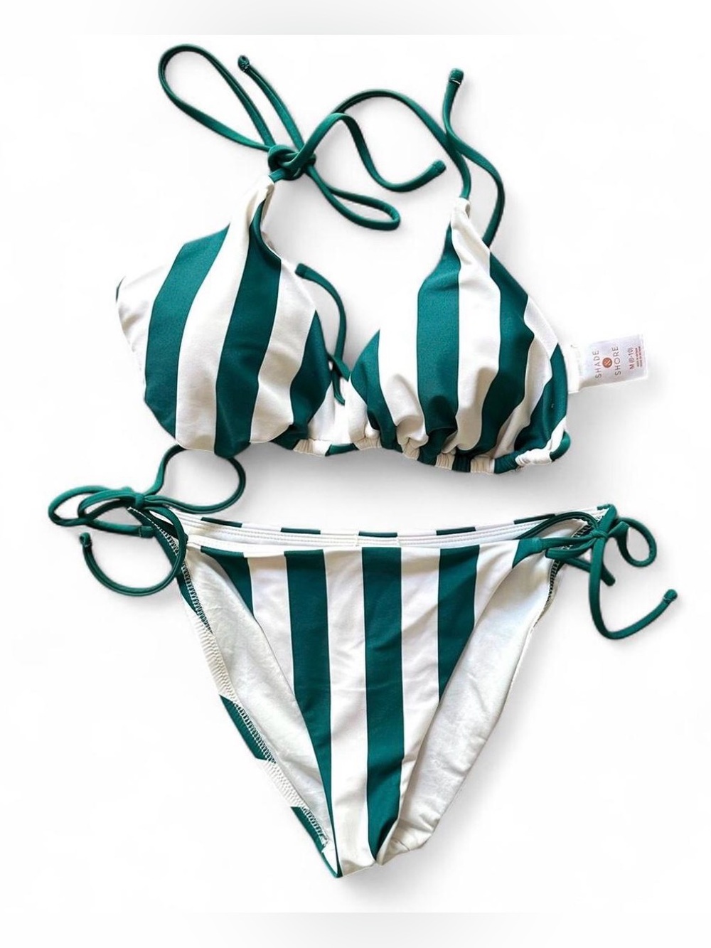 Shade & Shore dark green and white striped triangle tie bikini